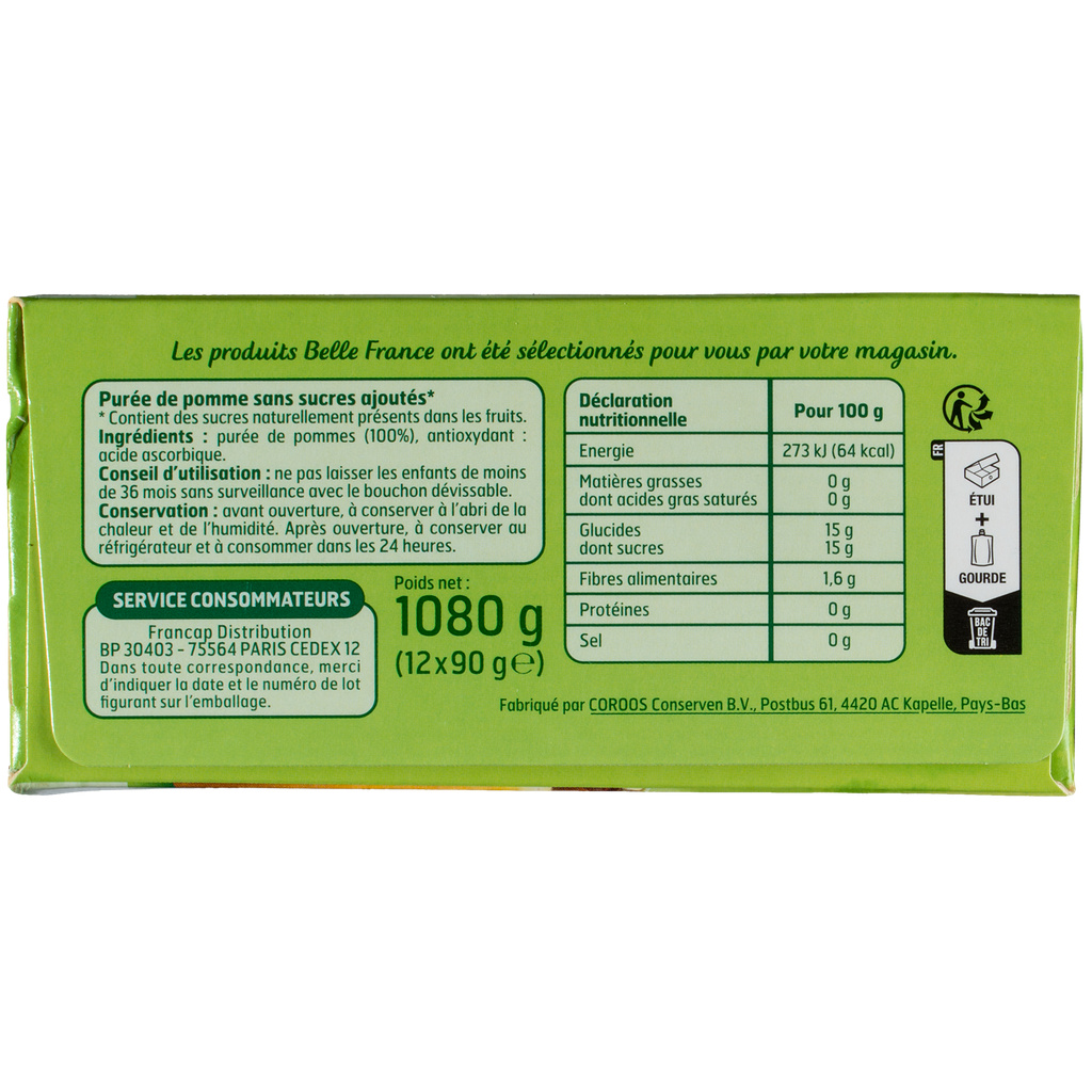 BELLE FRANCE Puré de Maçã Sem Açúcares Adicionados 12 x 90 g