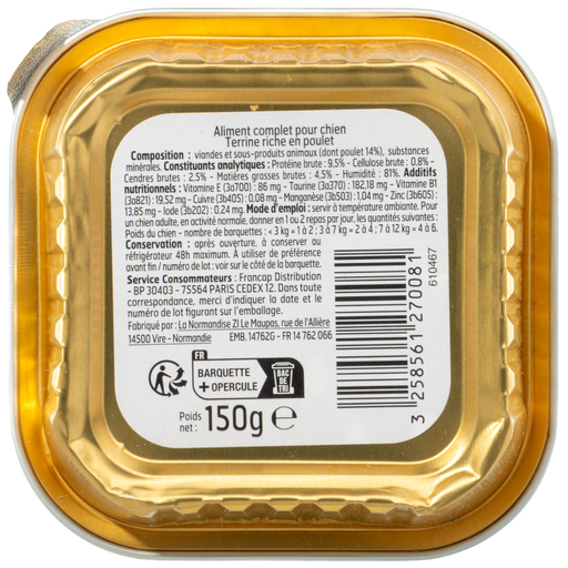 [3258561270081] BELLE FRANCE Menu Cão Premium Terrina Frango 150 g
