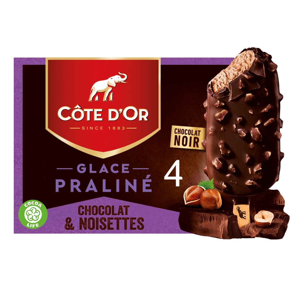 COTE D'OR Glaces Bâtonnets Praliné Chocolat et Noisettes 260 g