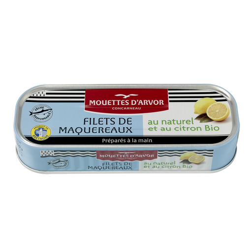 [3365624054011] LES MOUETTES D'ARVOR Organic Mackerel Fillets in Natural Juice with Lemon 169 g