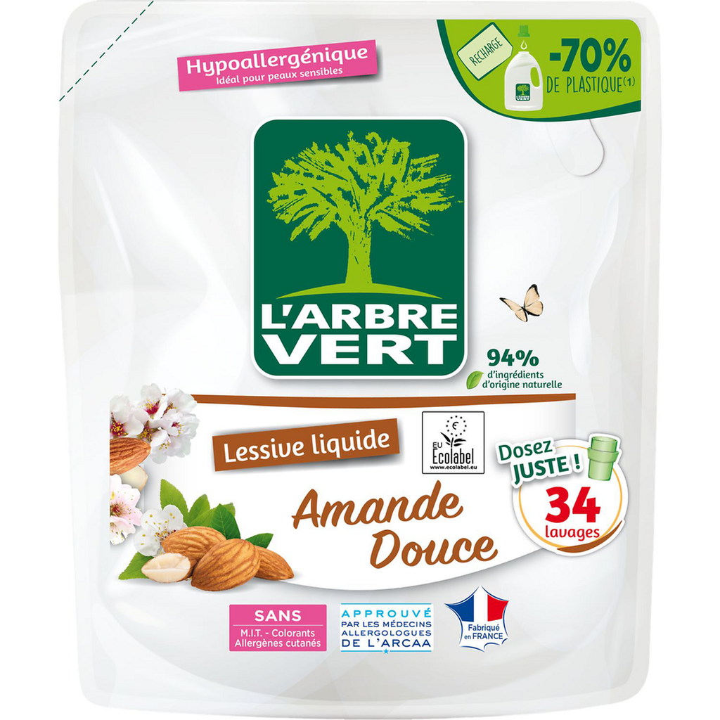 L'ARBRE VERT Hypoallergenic Liquid Detergent Sweet Almond 34 washes Refill 1.53 L