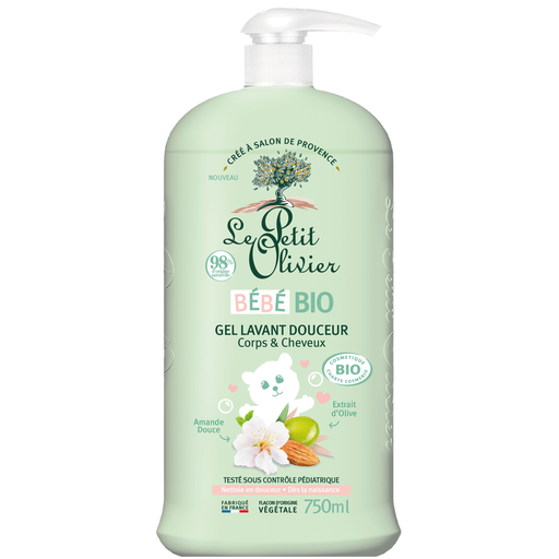 [3549620080001] LE PETIT OLIVIER Gel douche bébé Corps et Cheveux Amande Douce Olive Bio Peaux Sensibles 750 ml
