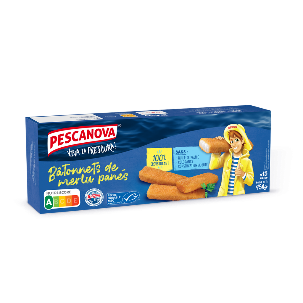 PESCANOVA Bâtonnets de filets de merlu MSC panés pré-frits surgelés 450 g
