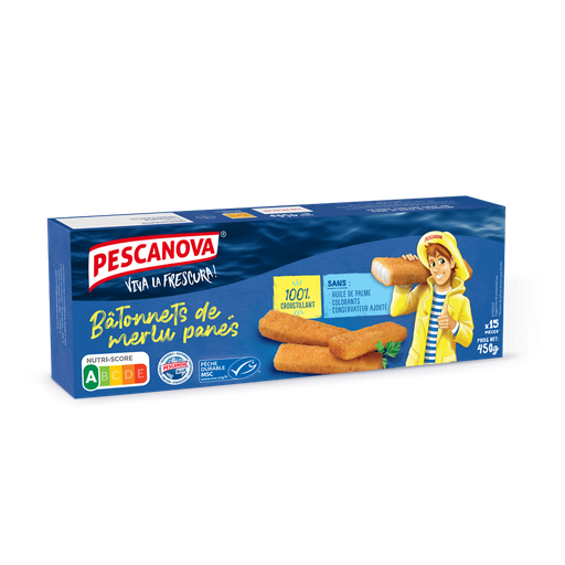 [3567890450409] PESCANOVA Bâtonnets de filets de merlu MSC panés pré-frits surgelés 450 g