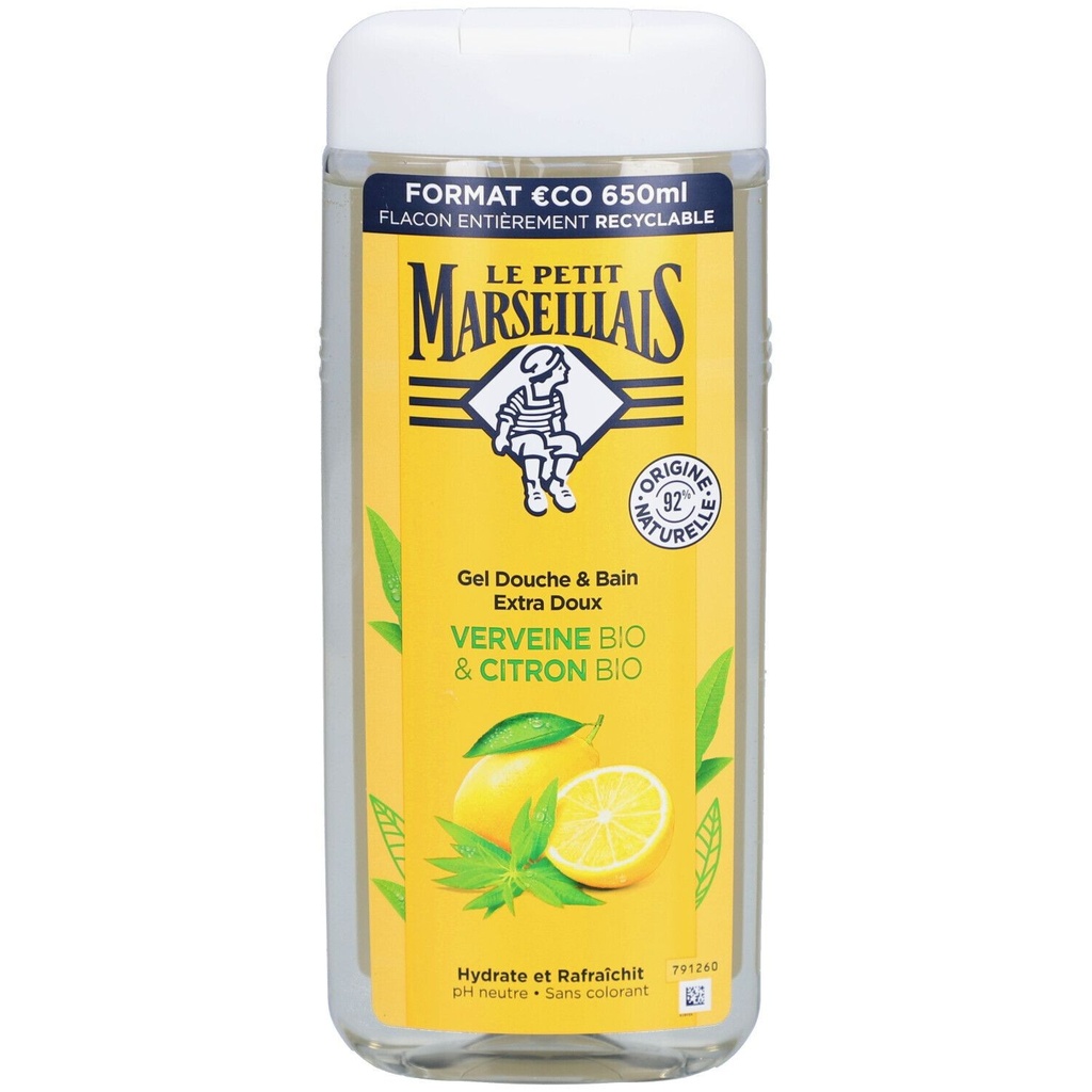 Le Petit Marseillais Gel Douche & Bain Extra Doux Verveine Bio & Citron Bio 650 Ml