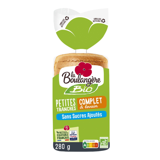 [3760049797909] LA BOULANGERE Pan de molde integral con masa madre pequeñas rebanadas sin azúcares añadidos BIO 280 g