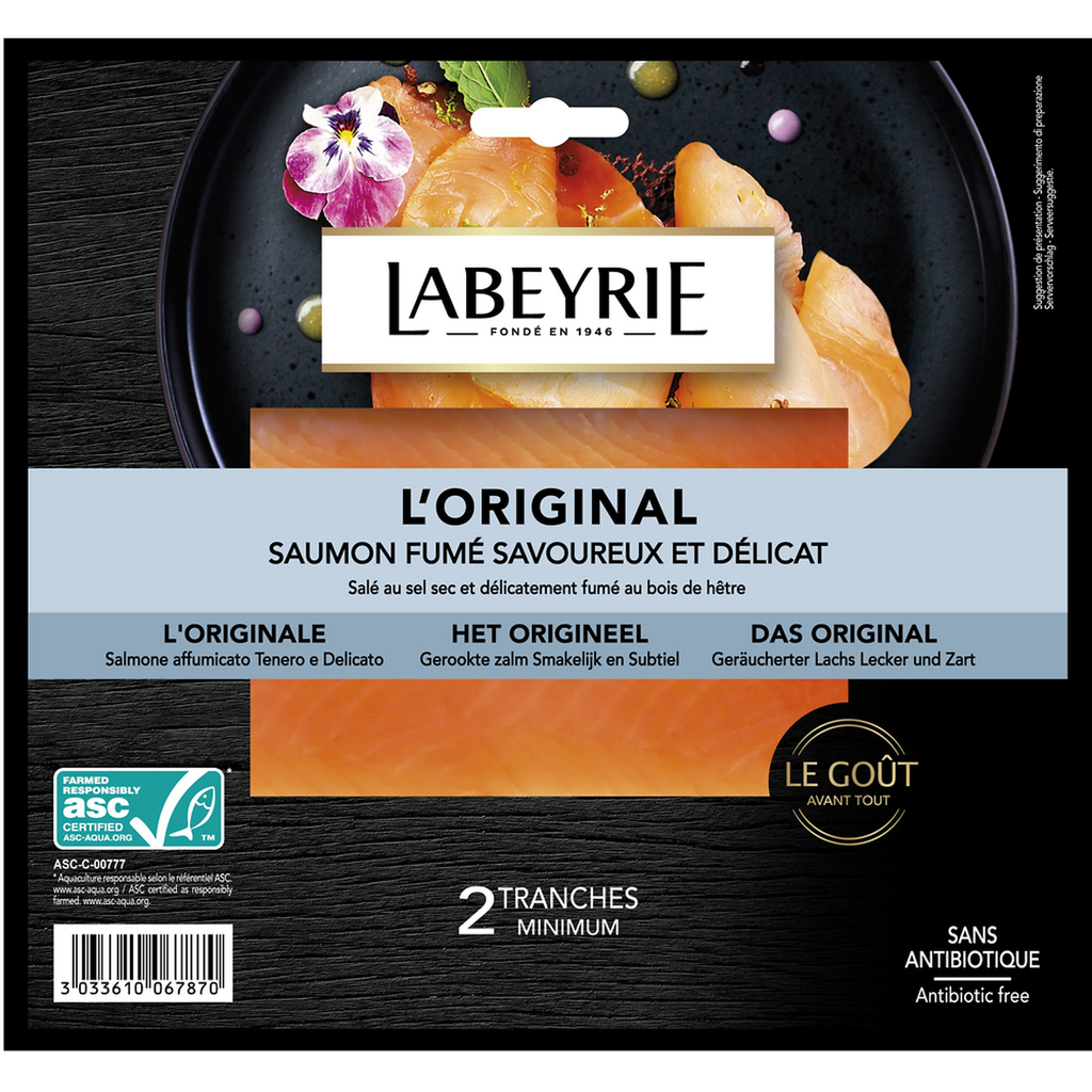 LABEYRIE Salmón Atlántico criado en Noruega, salado con sal seca y ahumado con madera de haya 2 lonchas 75 g