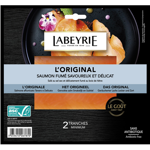 [3033610067870] LABEYRIE Salmón Atlántico criado en Noruega, salado con sal seca y ahumado con madera de haya 2 lonchas 75 g