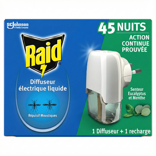 [5000204335057] RAID Diffuseur électrique liquide senteur eucalyptus et menthe 45 nuits 1 diffuseur + 1 recharge