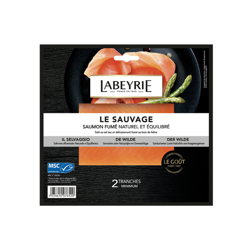 [3033610076520] LABEYRIE Salmón salvaje del Pacífico salado en seco y ahumado con madera de haya 2 lonchas 75 g