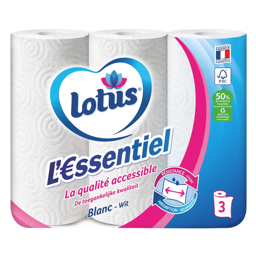 [7322542028773] LOTUS Essuie-tout L'Essentiel blanc 3 rouleaux