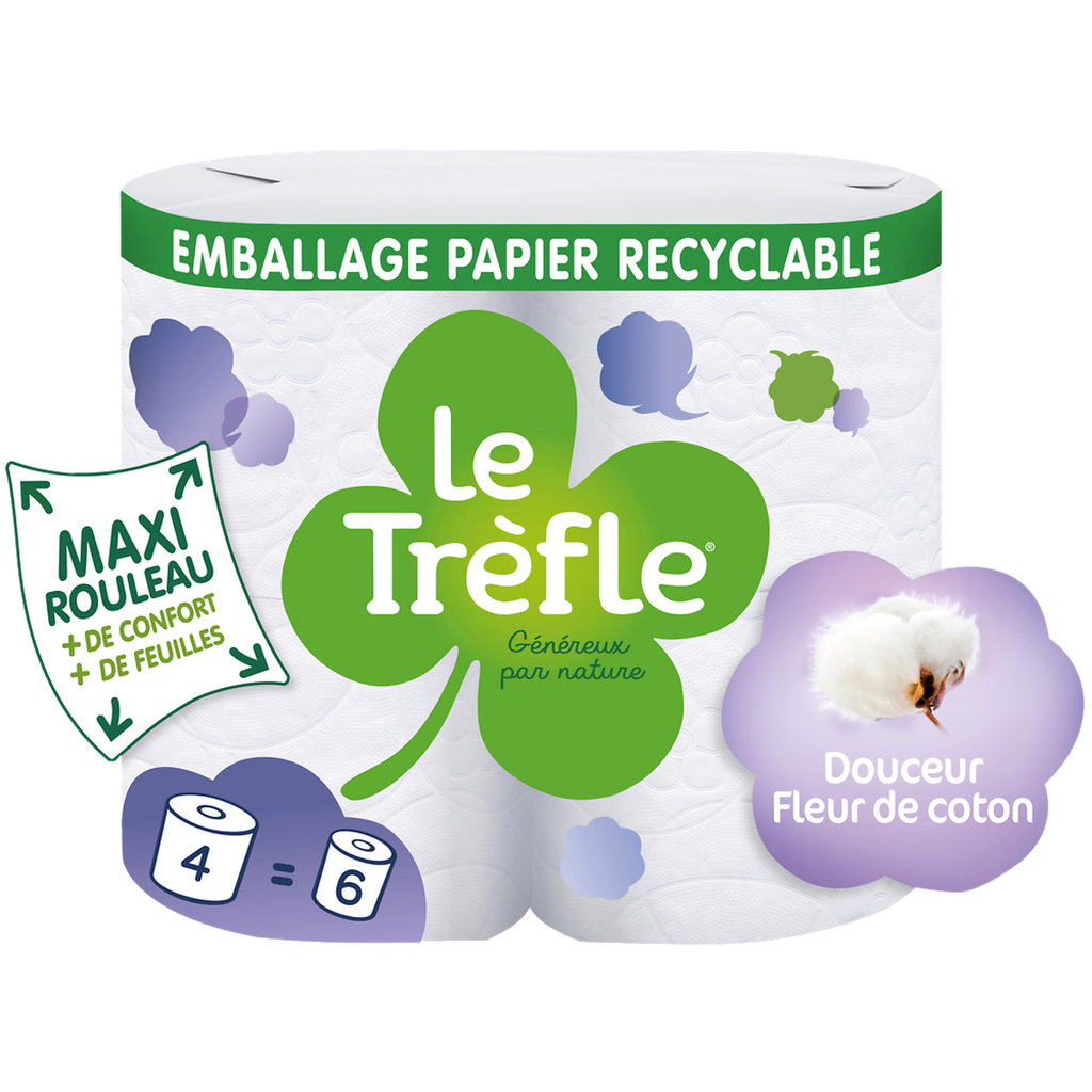 LE TREFLE Papier Toilette Moelleux Triple Épaisseur Maxi Rouleau Fleur De Coton, le lot de 4 rouleaux