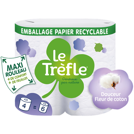 [8004260295963] LE TREFLE Papier Toilette Moelleux Triple Épaisseur Maxi Rouleau Fleur De Coton, le lot de 4 rouleaux