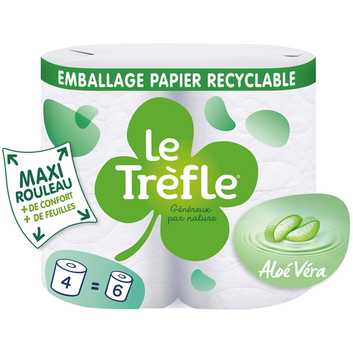 [8004260299862] LE TREFLE Papier toilette blanc maxi rouleau compact aloé véra 5 épaisseurs 4 rouleaux