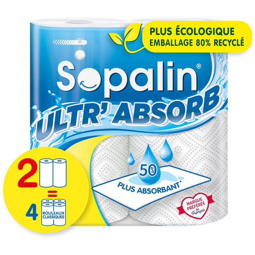 [8004260299923] SOPALIN Essuie-tout blanc demi-feuilles ultra absorbant 2 rouleaux