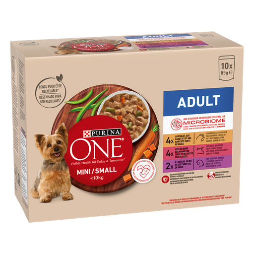 [8445290298478] PURINA ONE Comida Húmida Cão Raça Pequena Vaca Frango Cordeiro 10x85g