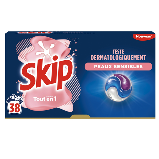 [8720181248207] SKIP Lessive capsules 3 en 1 Sensitive Peaux sensibles et bébé, la boîte de 38 capsules