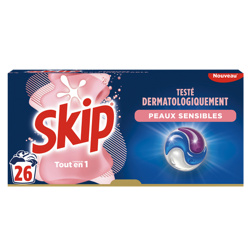 [8720181248238] SKIP Cápsulas de detergente 3 en 1 Sensitive Pieles sensibles y bebé 26 cápsulas