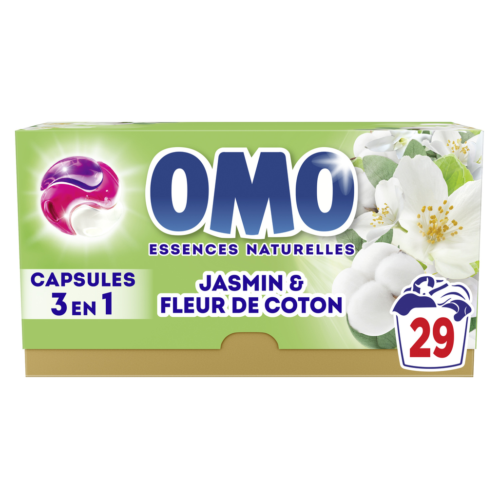 OMO Detergente cápsulas 3 en 1 jazmín y flor de algodón 29 Lavados 502 g