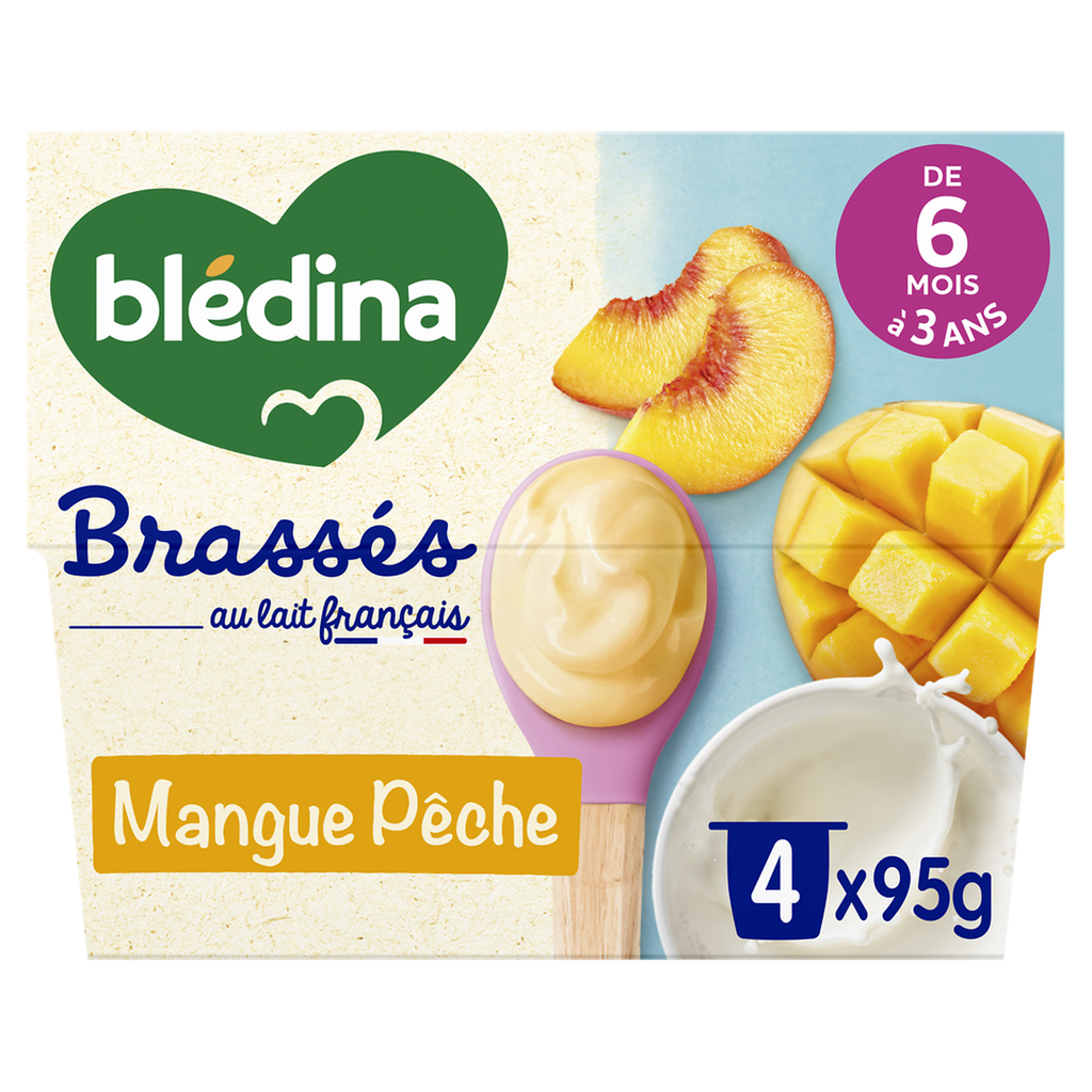 BLEDINA Dessert brassé bébé mangue pêche 4 x 95 g