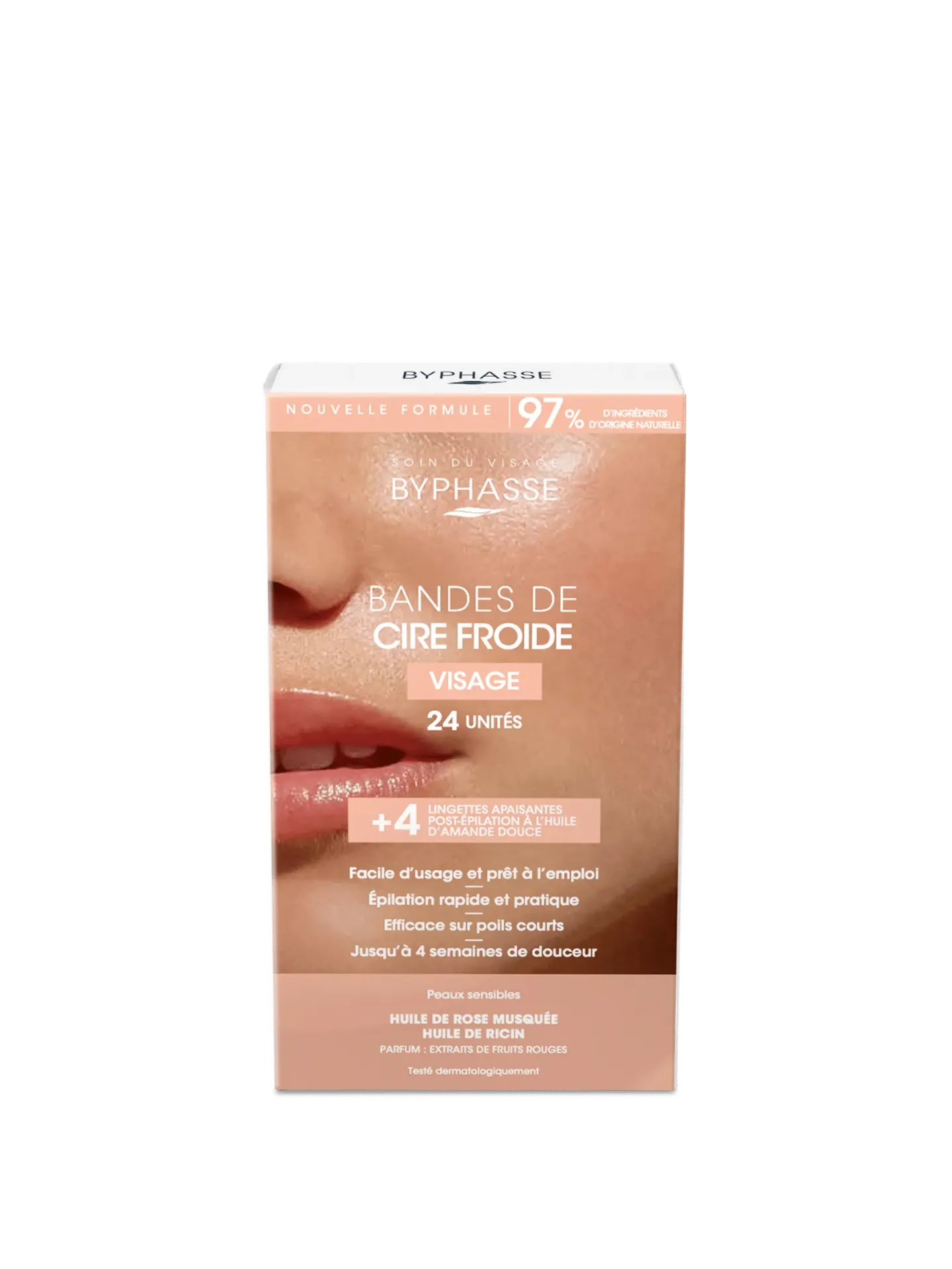 Byphasse Bandes De Cire Froide Visage & Zones Délicates Peaux Sensibles (24 Bandes + 4 Lingettes)