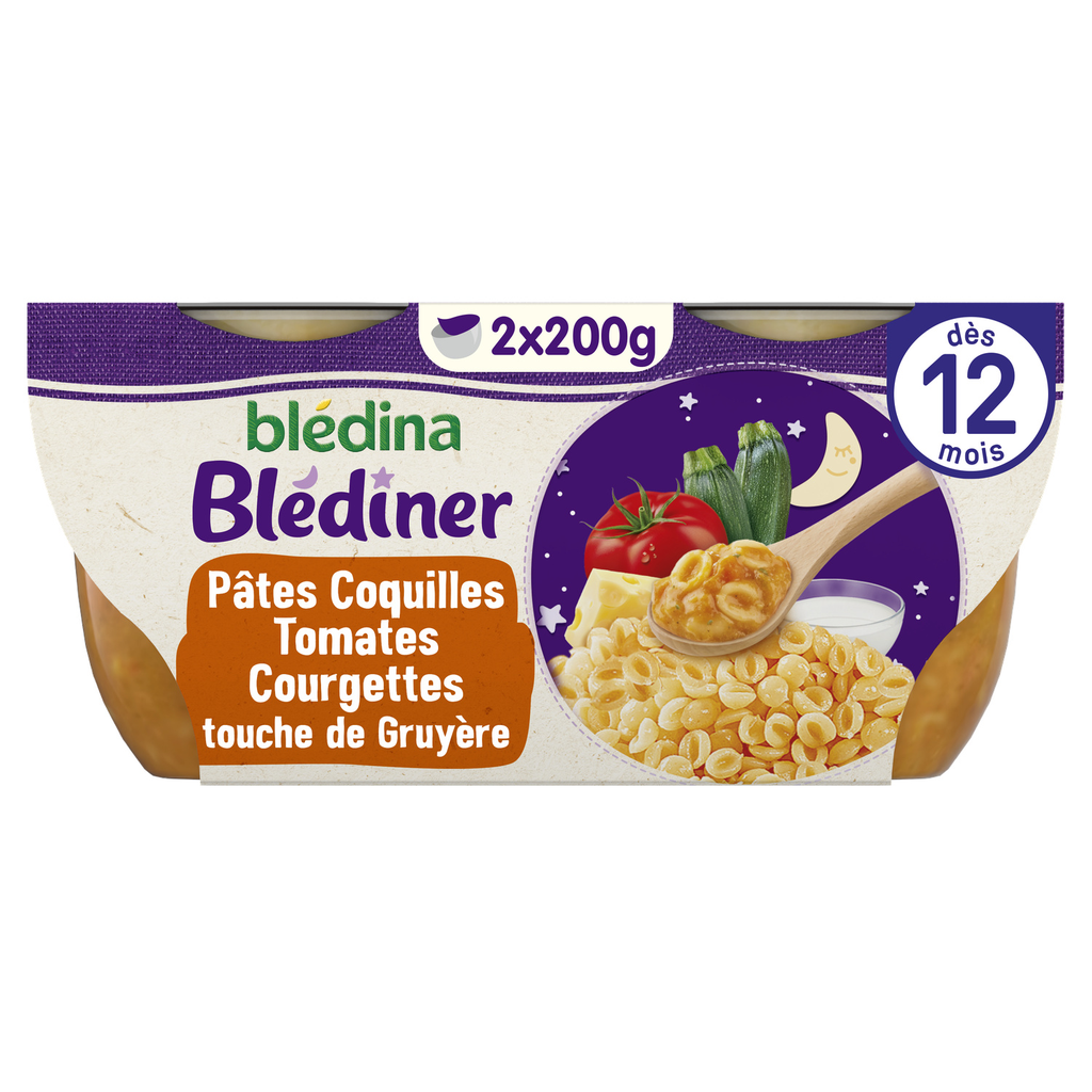 BLEDINER Refeição para bebé Massa Conchas Tomate Curgete Gruyère 2 x 200 g
