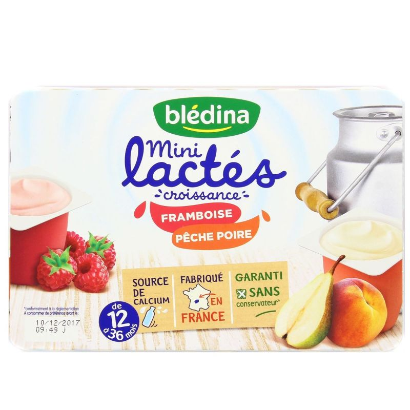 BLEDINA Postre Bebé Mini Lácteos Frambuesa Melocotón Pera 12 x 55 g
