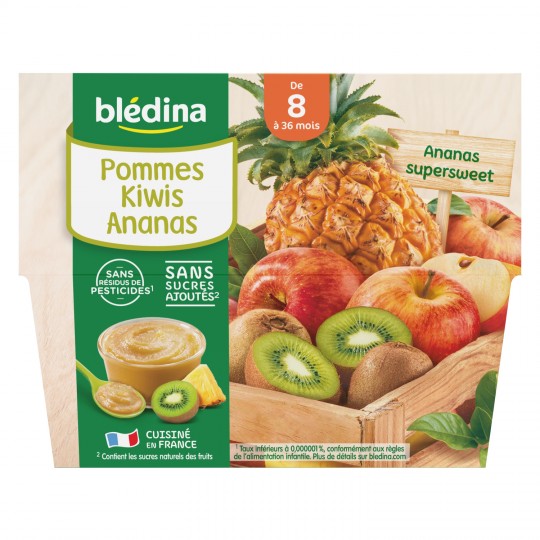 Blédina Compotes Bébé Dès 8 Mois, Pomme Kiwis Ananas : Les 4 Pots De 100 G