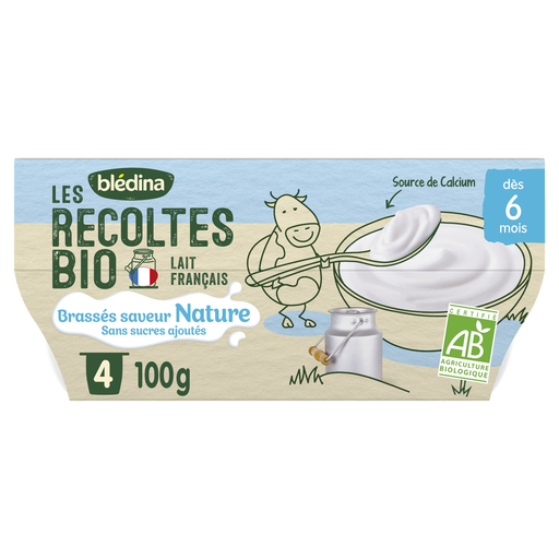 [3041091427595] BLEDINA Dessert lacté bébé dès 6 mois Nature Sans Sucres Ajoutés Bio Les Récoltes Brassés 4x100g