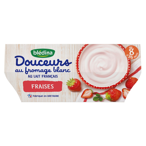 [3041091427618] BLEDINA Sobremesa láctea para bebé a partir dos 8 meses Morango Queijo Fresco 4 potes de 100 g