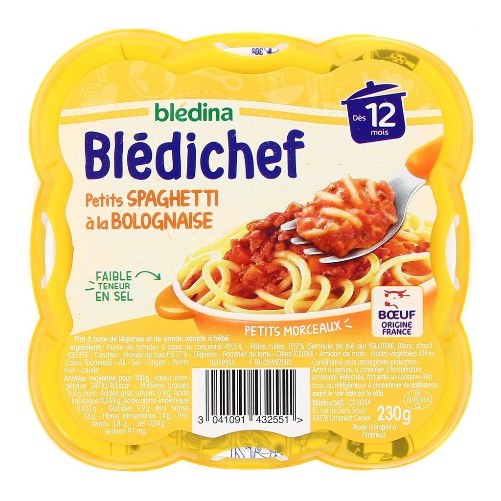 Blédina Blédichef Plat Bébé Dès 12 Mois P'Tits Spaghetti À La Bolognaise : Barquette De 230G