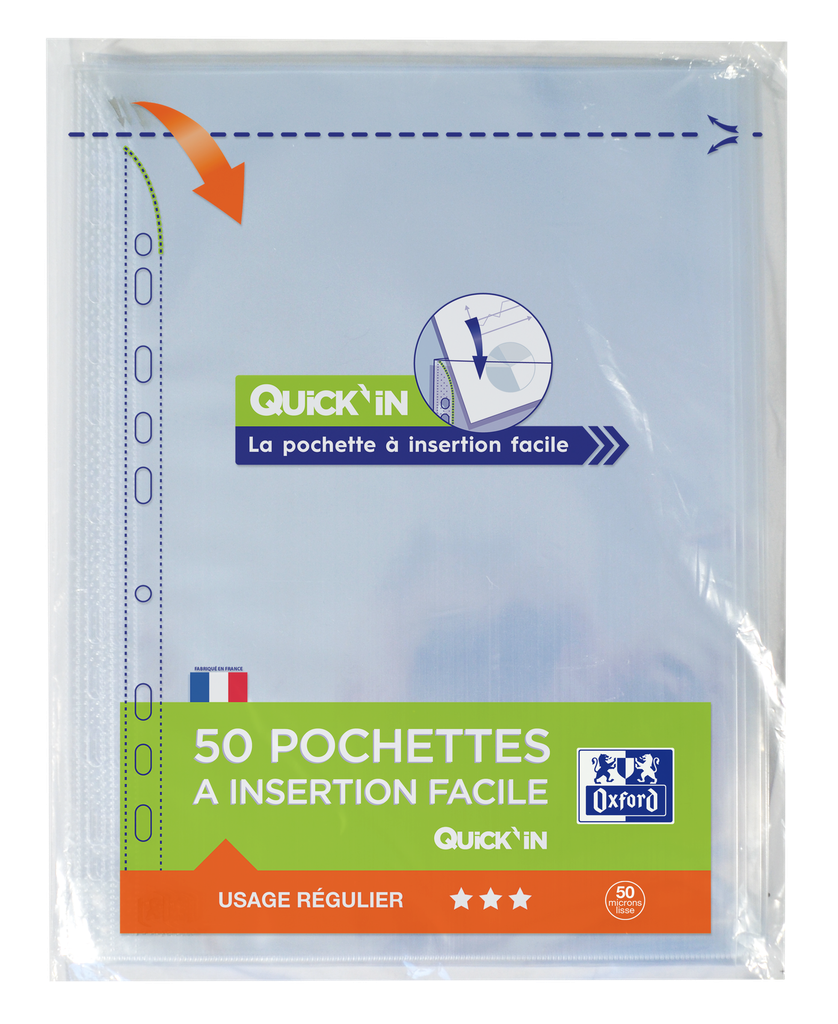 OXFORD Pack of 50 Quick'In Punched Pockets A4 5/100e Smooth Polypropylene Clear