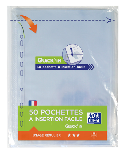 [3045050058950] OXFORD Pack of 50 Quick'In Punched Pockets A4 5/100e Smooth Polypropylene Clear