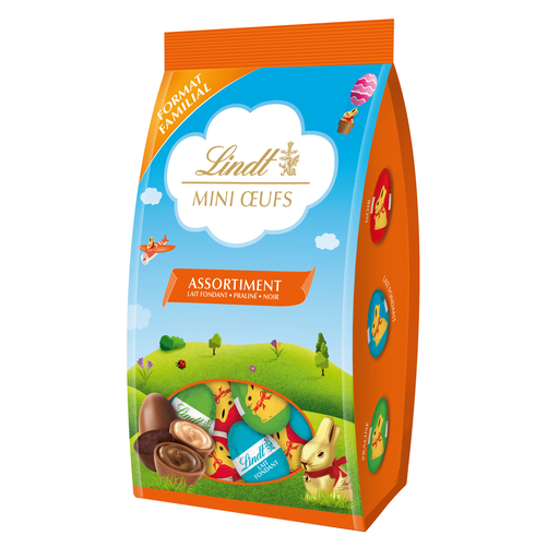 [8003340097947] LINDT Lapin Or assortiment mini œufs chocolat au lait, noir, praliné 350 g