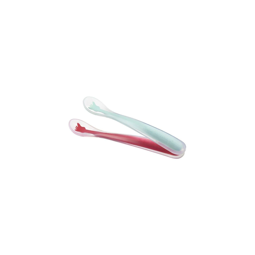 [3056564504086] SOPHIE LA GIRAFE Set De 2 Cucharas Bebé En Silicona Flexible Rojo Rosa