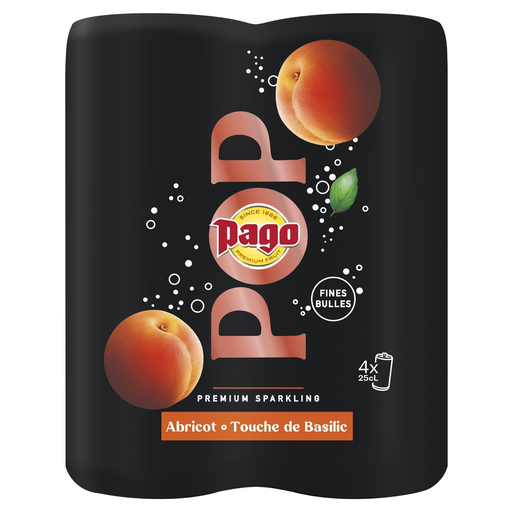 [9001400110970] PAGO Pop Bebida con gas de albaricoque y toque de albahaca 4 x 25 cl