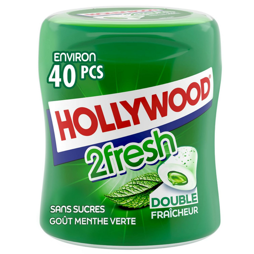 [8723400944324] HOLLYWOOD Pastilhas Elásticas 2 Fresh Menta Verde/Clorofila sem açúcar boião 40 pastilhas 88 g