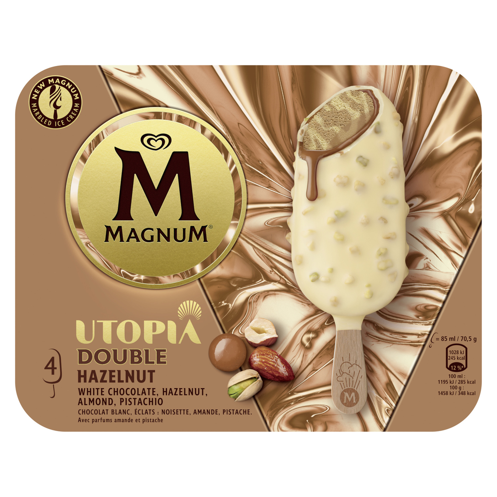 MAGNUM Glaces Bâtonnets Noisettes Amandes Pistaches et Chocolat Blanc Utopia 4 bâtonnets