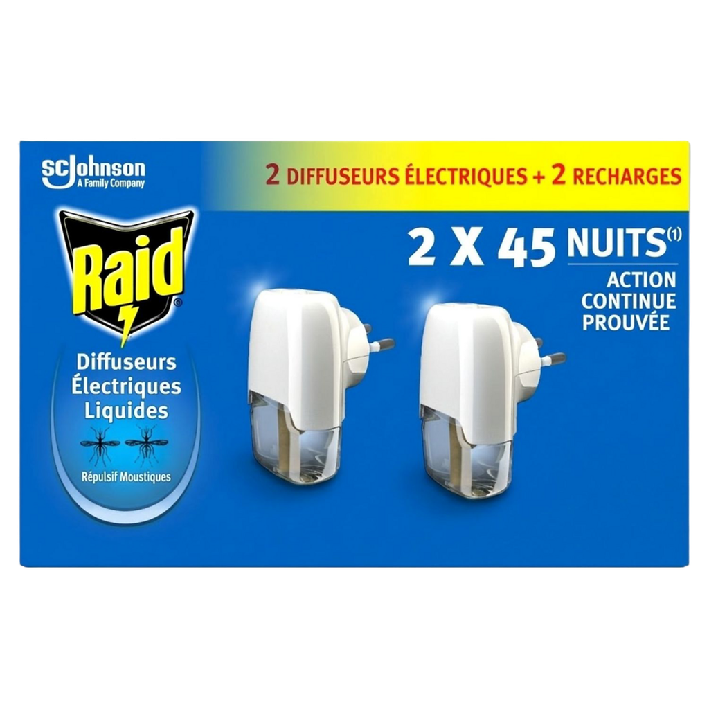RAID Difusor elétrico líquido repelente antimosquitos 2x45 noites, lote de 2 difusores