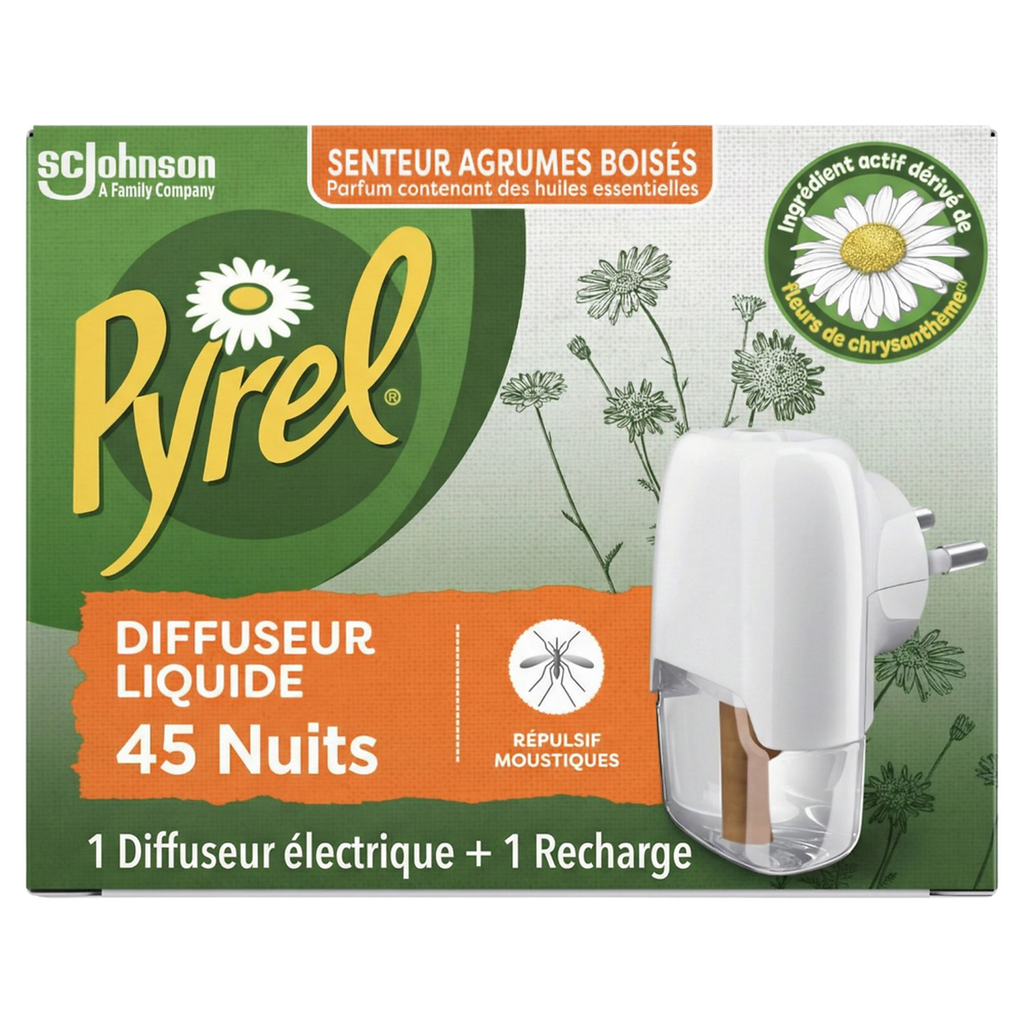 PYREL Diffuseur liquide électrique répulsif moustiques agrumes boisés 1 diffuseur + 1 recharge