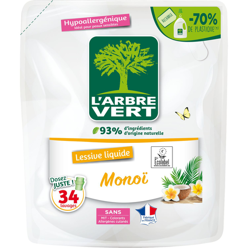 [3450601101021] L'ARBRE VERT Lessive liquide hypoallergénique écologique ecolabel monoï 1,53 L