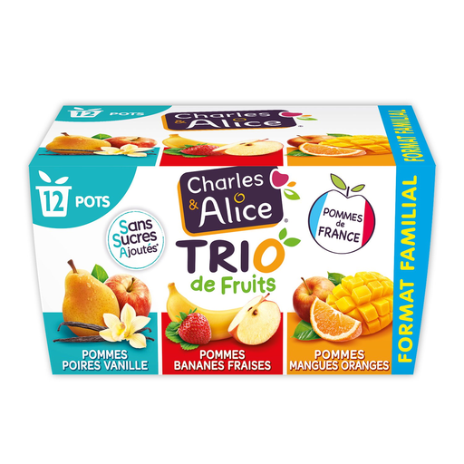 [3297760099314] CHARLES & ALICE Fruit Trio apple pear/vanilla banana/strawberry mango/orange 12x100g