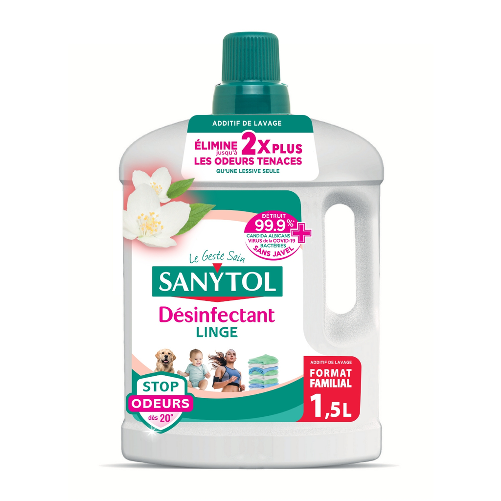 SANYTOL Desinfetante de roupa líquido elimina 2 vezes mais os odores persistentes flores brancas 1,5 L