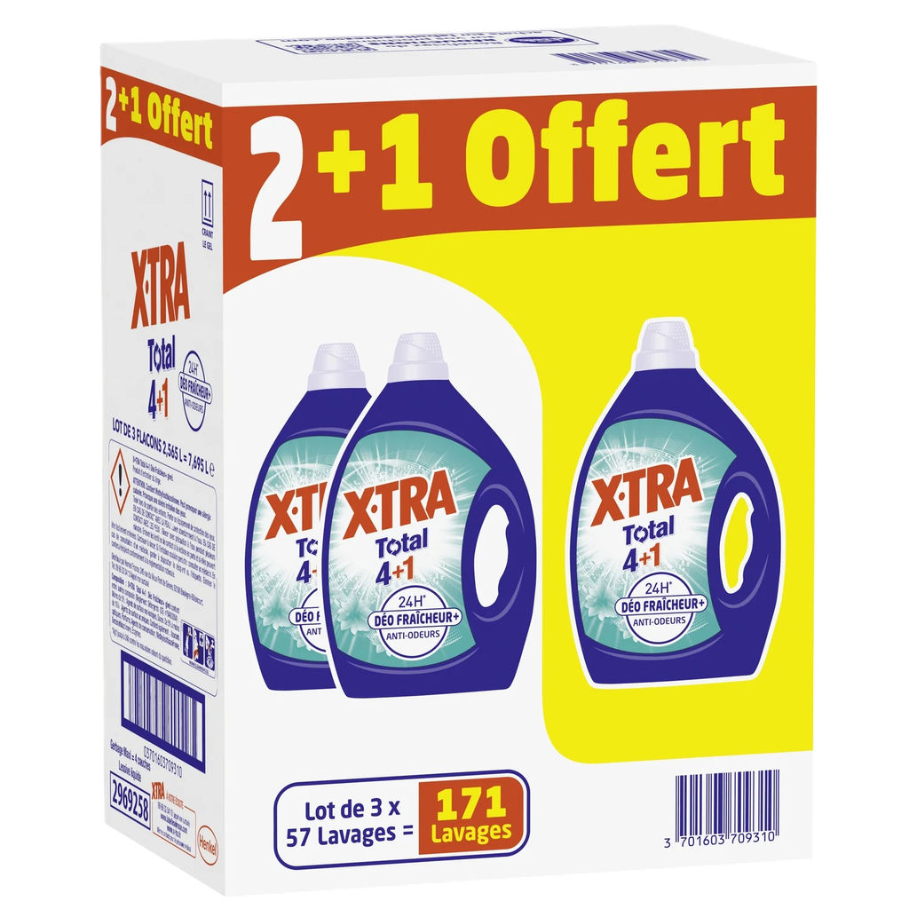 X-Tra Lessive Liquide Total Fraîcheur Et Givré Lot De 3 Bouteilles De 57 Lavages Soit 171 Lavages