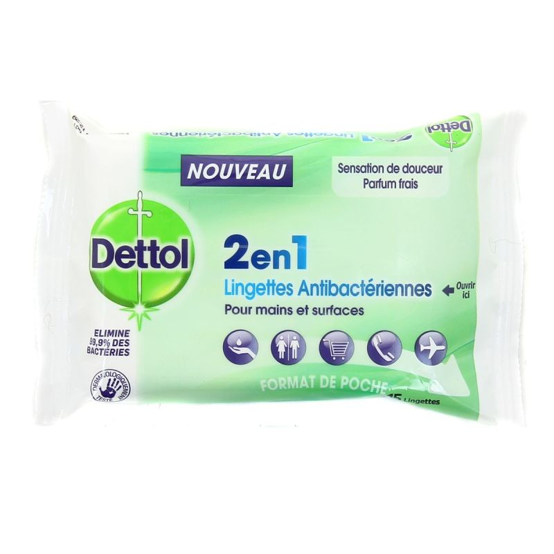 DETTOL Lingettes Antibactériennes 2en1 x15