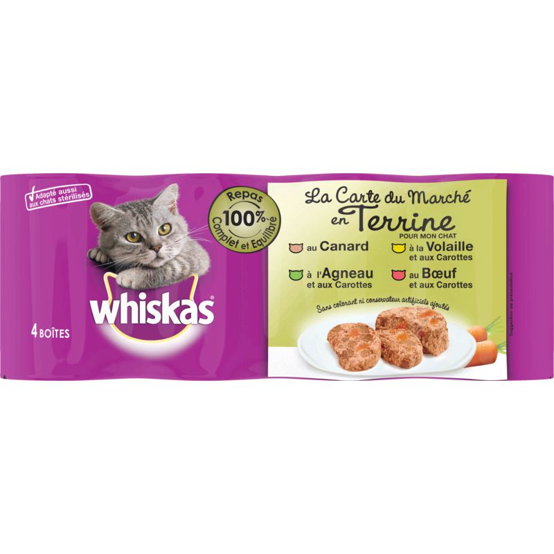 Whiskas Pâtée Pour Chat Adulte En Terrine Volaille Canard Boeuf Agneau La Carte Du Monde 4X400G