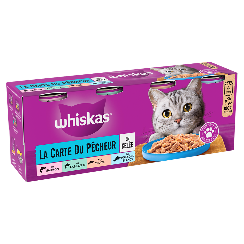 Whiskas Pâtée Pour Chat Adulte En Gelée Saumon Thon Truite Poisson Blanc La Carte Du Pêcheur 4X390G