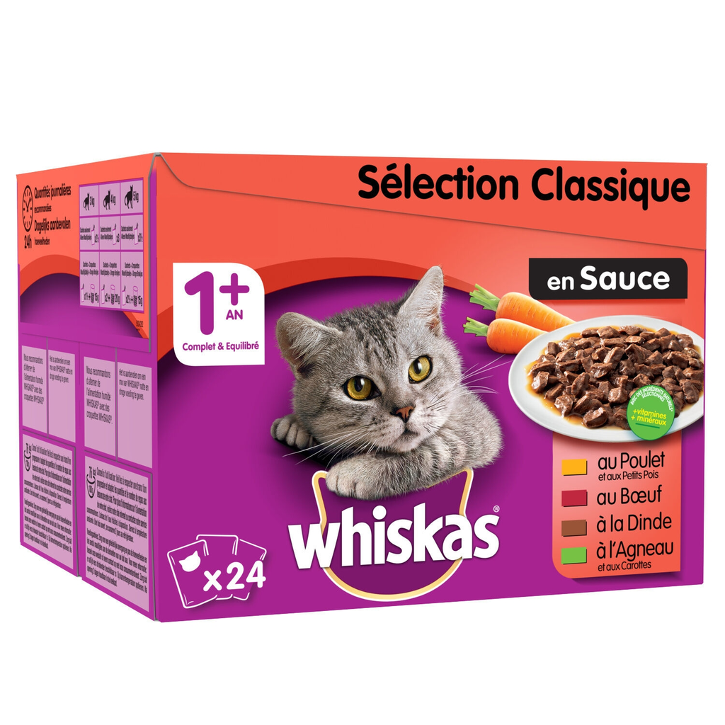 WHISKAS Repas pour chats adultes aux viandes 24 x 100 g
