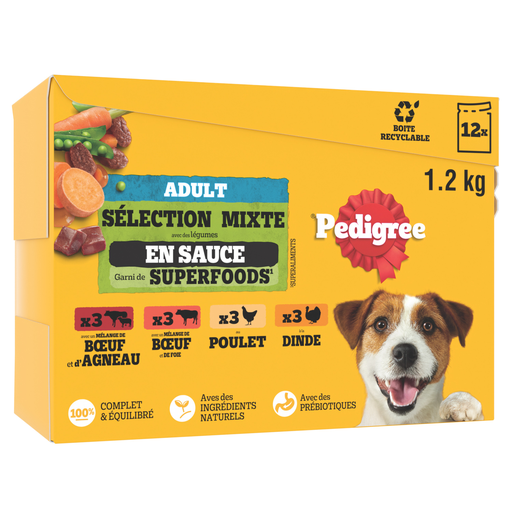 [3065890125711] PEDIGREE Paté Para Perro Adulto Pollo Ternera Pavo Cordero Salsa Vital Protection 12 sobres de 100 g