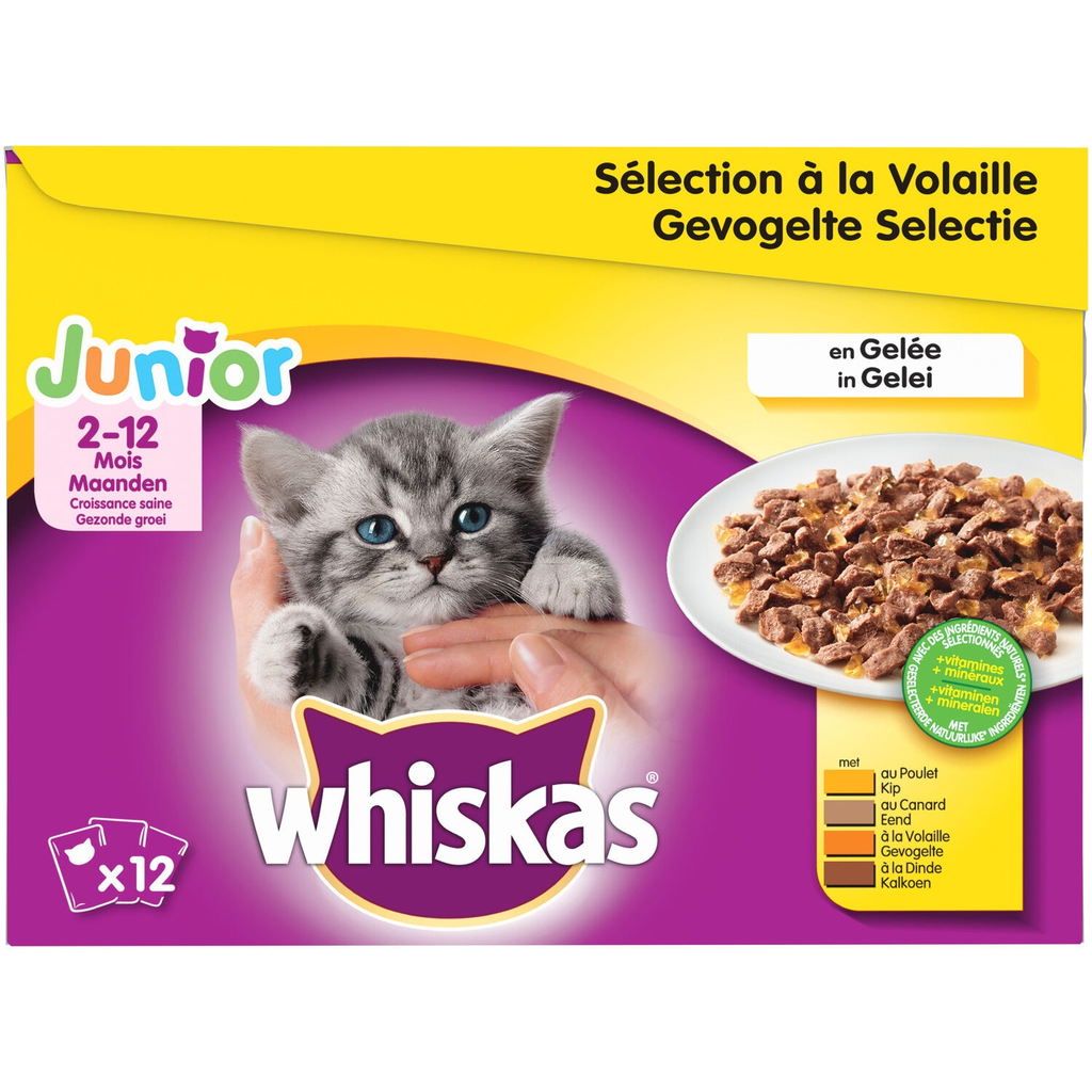 WHISKAS Comida para gatos junior carnes y pescados 12 sobres de 100 g